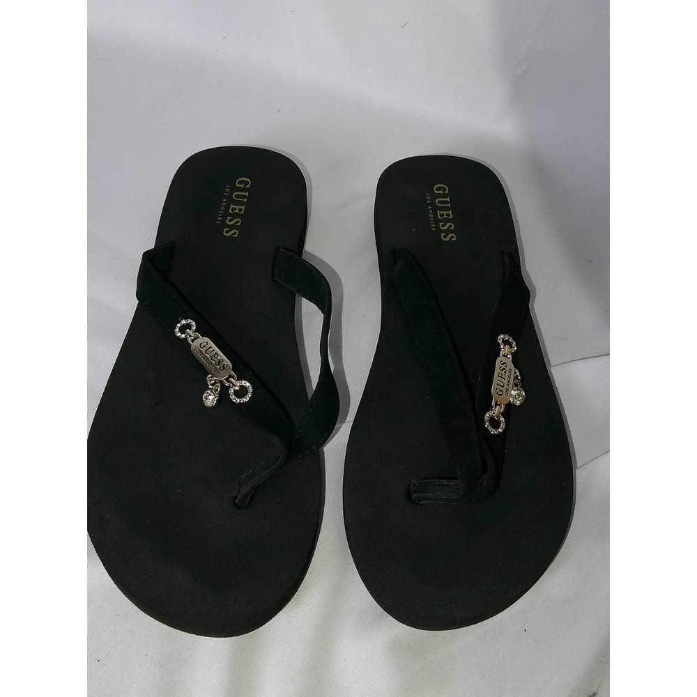 Guess Los Angeles Womens Black Flip Flop Sandals Silver Logo Charm Thong Size 8M